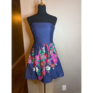 Lilly Pulitzer Navy Blue Floral Strapless Cotton Fit and Flare Dress Size 4